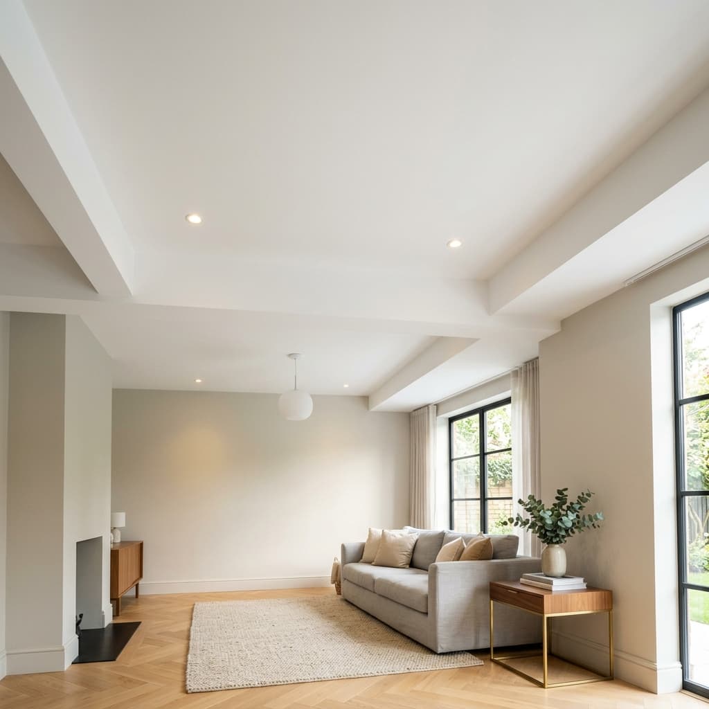 Strak wit plafond en wanden in een lichte woonkamer