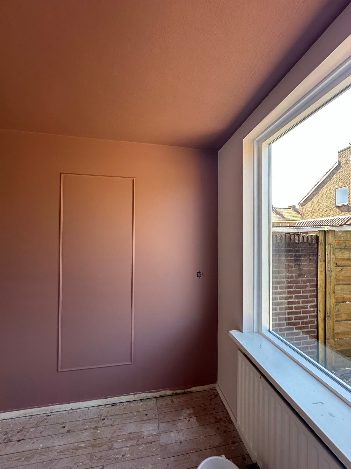 Kamer in warm terracotta met sierlijst-kader, muren en plafond in kleur